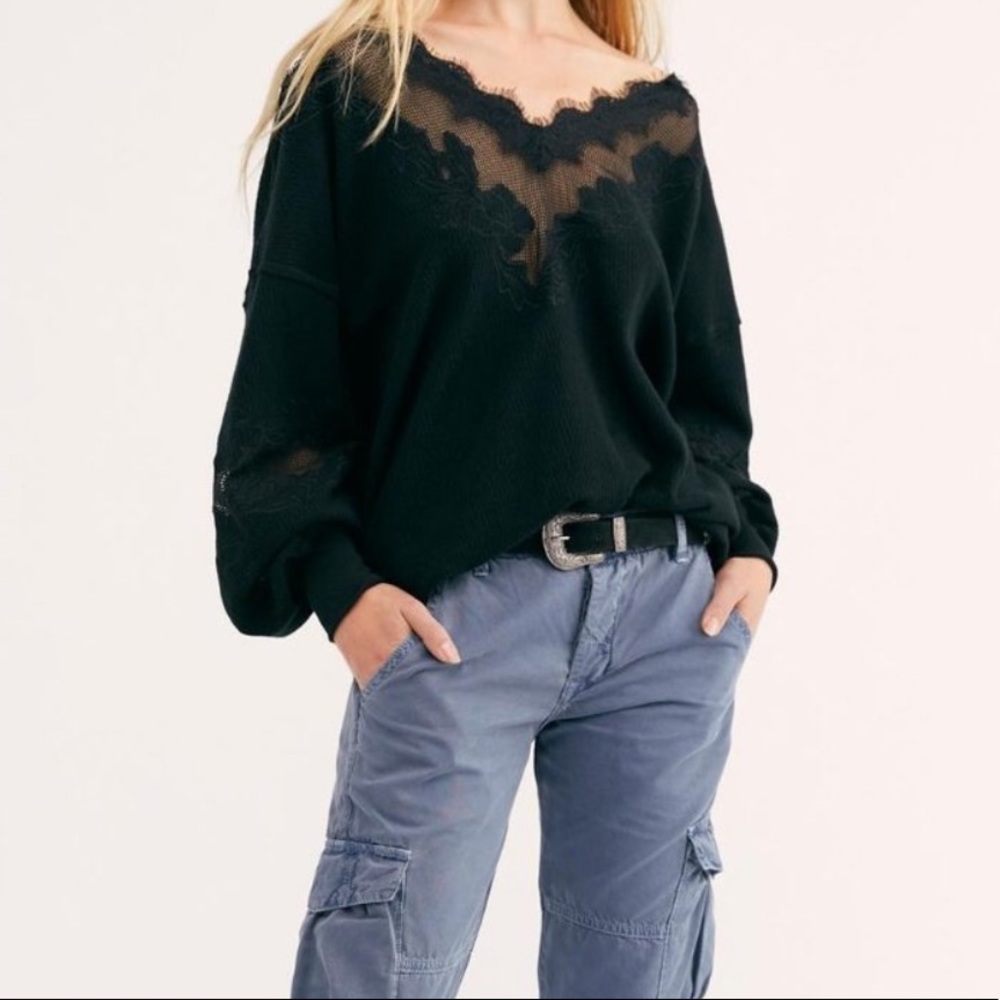 NWT Free People black Lotus Thermal blouse/top